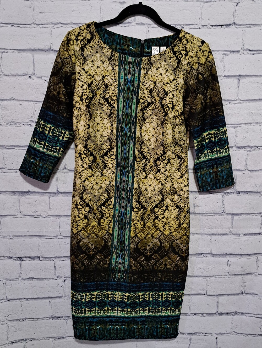 Emma & Michele Gold and Teal Patterned Sheath Dress Size Small